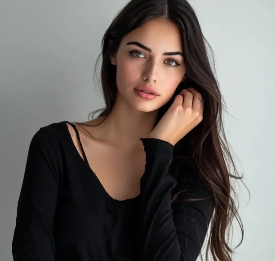 Young woman with long dark hair wearing a black top, posing against a plain light background.
