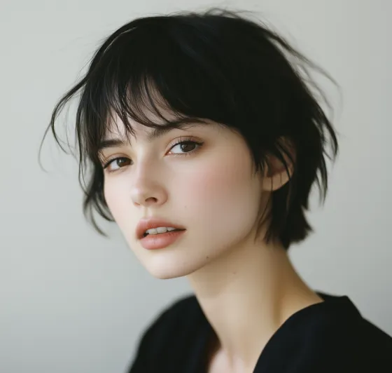 Young woman with short, tousled black hair and natural makeup looking slightly to the side against a plain background.