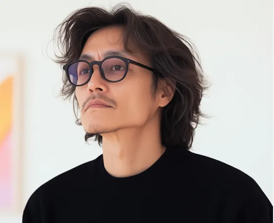 Man with medium-length wavy hair and black glasses wearing a black shirt, looking thoughtfully to the side.