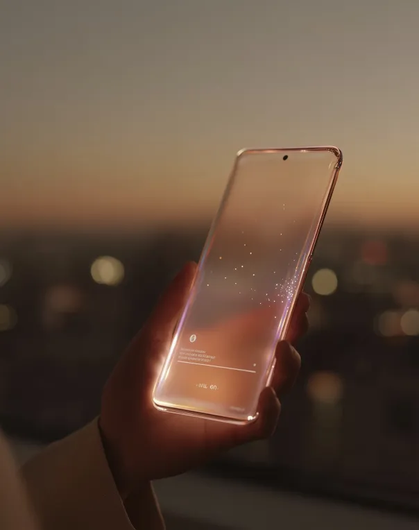 Hand holding a glowing, transparent smartphone against a blurred cityscape at dusk.