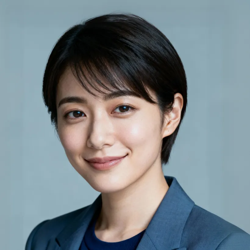 Smiling woman with short dark hair wearing a blue blazer over a dark top against a light background.