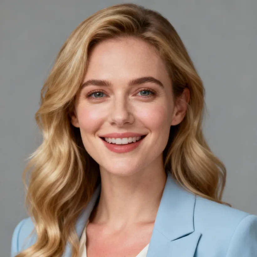 Smiling blonde woman with wavy hair wearing a light blue blazer against a gray background.